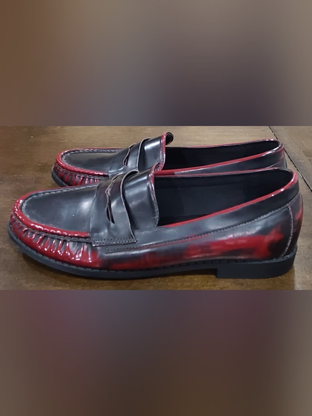 Madden Girl Black and Red Brush-Off Penny Loafers Women's